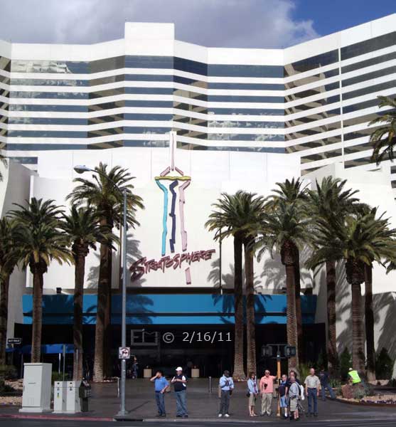 DSC color photo: Head on view of Stratosphere Hotel/Casino - Embedded text: 2/16/11