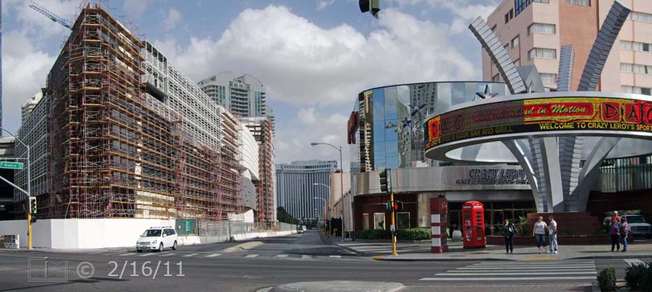 DSC color photo: View of Riviera Blvd and Crazy Leroy's Sports-Bar from across Las Vegas Blvd - Embedded text: 2/16/11