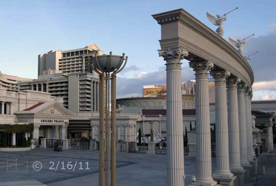 DSC color photo: View of Caesars Palace and colonnade - Embedded text: 2/16/11