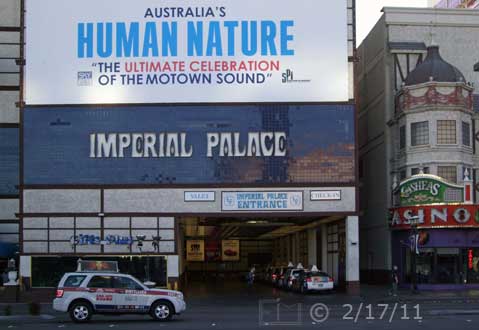 DSC color photo: Across Las Vegas Blvd view of Imperial Palace vehicle entrance - Embedded text: 2/17/11