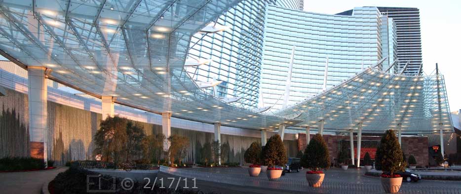 DSC color photo: Wide view of Aria Hotel/Casino during sunrise  - Embedded text: 2/17/11