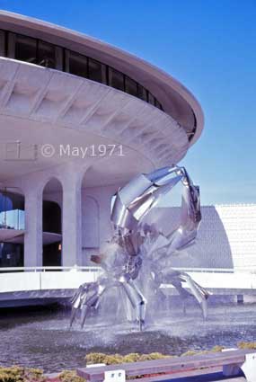 Color photo: Portrait view of Crab Sculpture/Fountain and Vancouver Planetarium - Embedded text: May 1971