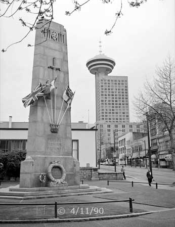 B/W photo: A view of Victory Square with Harbour Center building in distance - Embedded text: 4/11/90