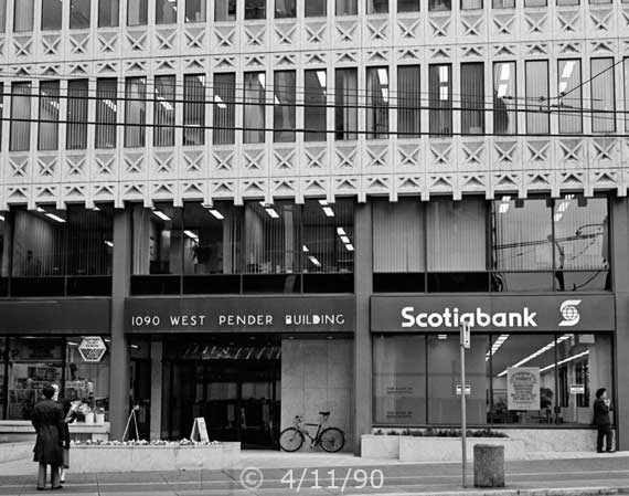 B/W photo: Rhythmic facade of 1040 West Pender St. building - Embedded text: 4/11/90