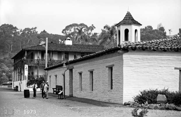 B/W photo: Mason st. view of Casa de Estudillo and Casa de Bandini - Embedded text: 1973