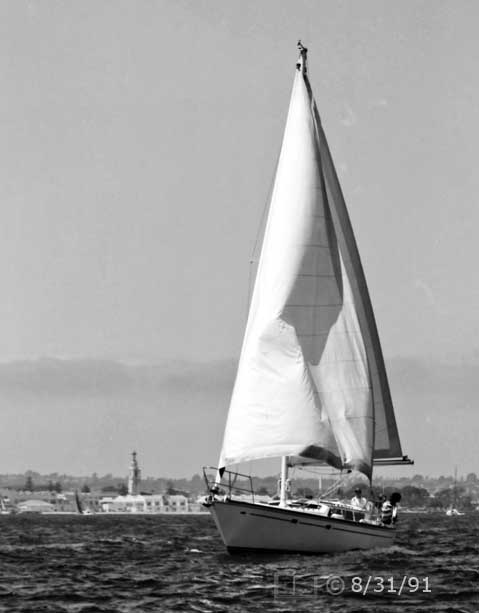 B/W photo: Port-bow view of boat under sail with Coronado in background - Embedded text: 8/31/91