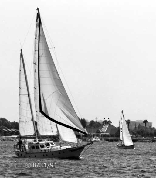 B/W photo: Starboard-bow view of boat under sail with Coronado in background - Embedded text: 8/31/91