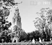 B/W photo: Alcazar Garden, California Tower in background - Embedded text: 1972