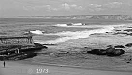 B/W photo: La Jolla Cove/Breakwater - Embedded text: 1973