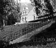 B/W photo: Uphill stairway to Mission - Embedded text: 1973