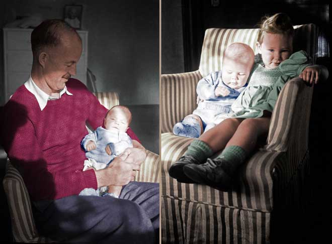 Colorized photo: Dual pane image of father w/ baby and sister w/ baby (me)