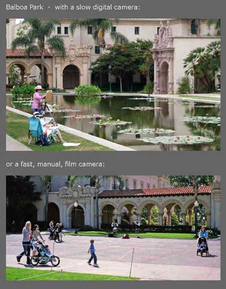 Color photo: Dual pane image of Balboa Park visitors