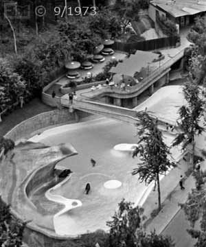 B/W photo: Aerial view of marine exhibit / luncheonette from skyride- Embedded text: 9/1973