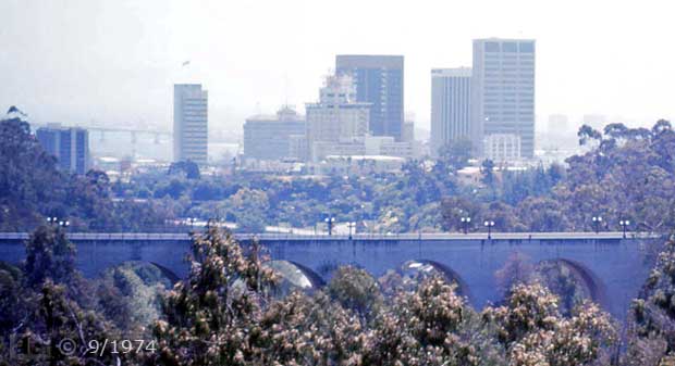 Color photo: Cabrillo Bridge / Downtown viewed from skyride - Embedded text: 9/1974